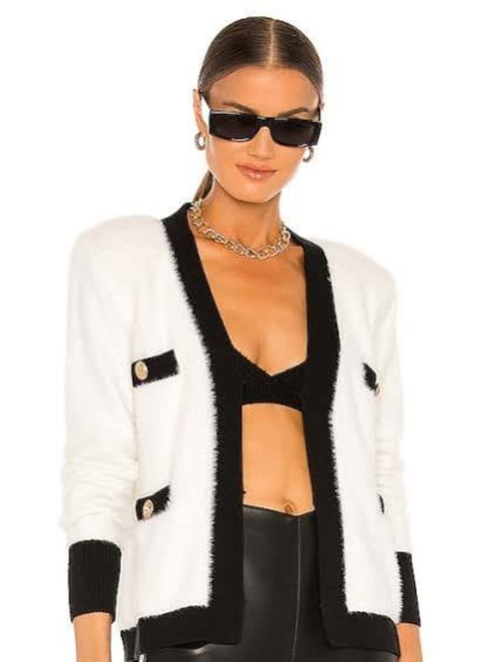 L'Agence Kai White with Black Trim Fuzzy Pocket Cardigan L size